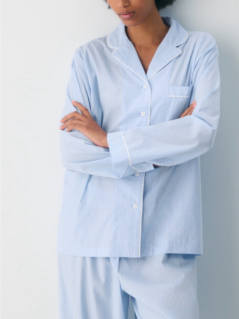 Aritzia Light Blue Pinstripe Cotton Pajama button up top, MEDUIM - Picture 2 of 15